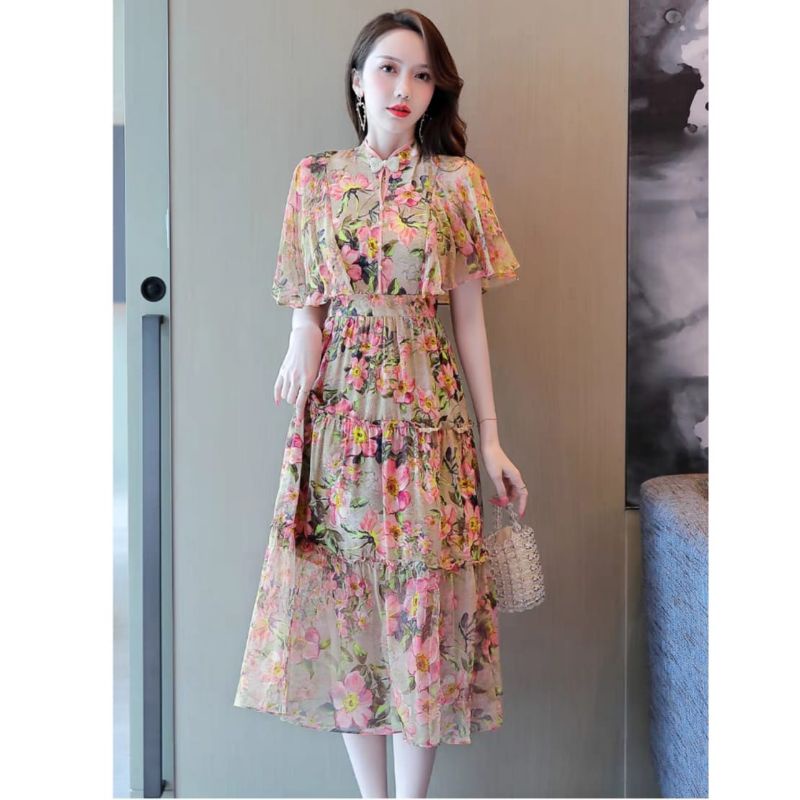 MDLV ~ 12346# CNY Valencia Tiered Midi Dress Flower Premium Import