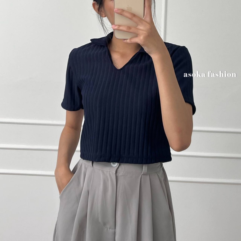 Lily Top 260 - Kaos Knit Rib - Kaos Pendek Wanita - Kaos Polo Crop-Navy