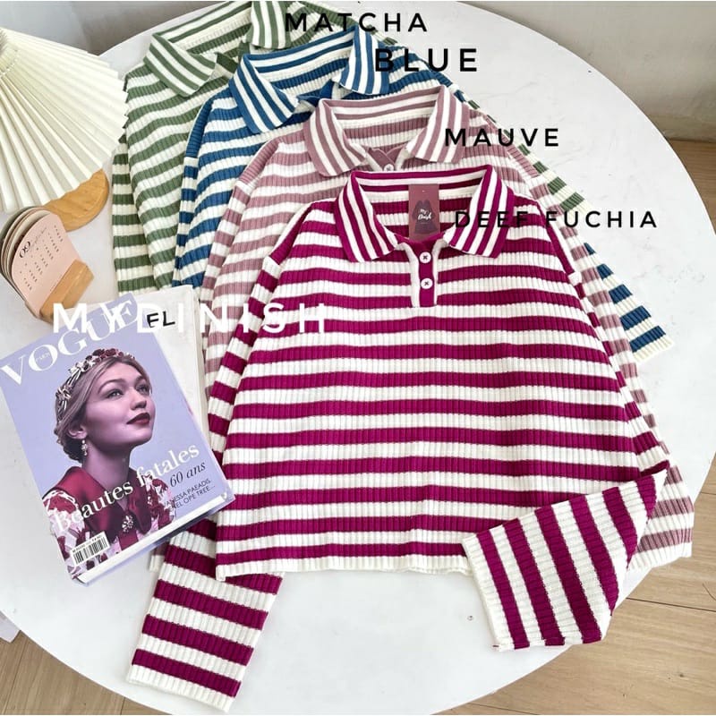 [BISA COD] Freya Crop Blouse / Atasan Blouse Wanita Berkerah Polo Motif Stripe / Freya Polo Oversize