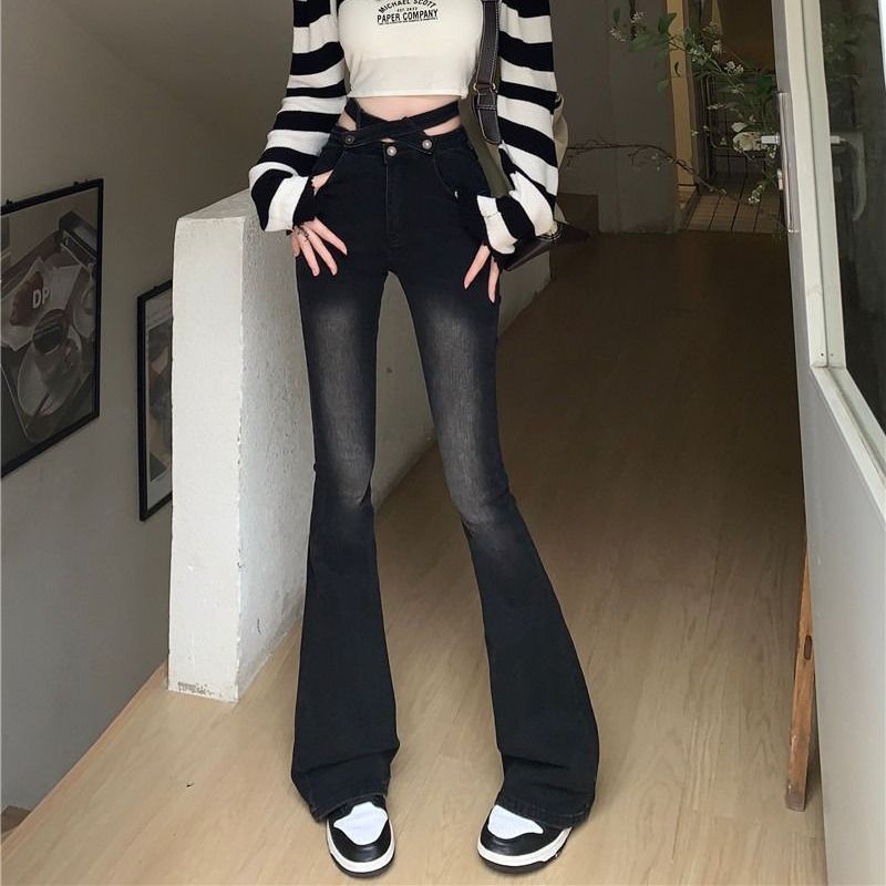Suhao Plus Ukuran Gaya Hong Kong Retro Jeans Wanita Musim Gugur Baru Cross Sabuk Tinggi Pinggang Ramping Tubuh Menutupi Daging Menampilkan tipis Micro Booth Celana