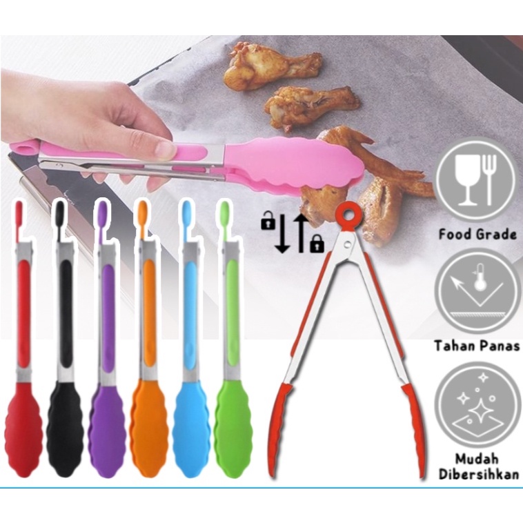 penjepit gorengan/Penjepit Makanan Silicone stainless / Capitan Salad Buah Gorengan Kue Roti Bakpao Mie Anti Lengket / Pinset Alat Jepitan Makanan Plastik Tahan Panas Food Tongs Serbaguna