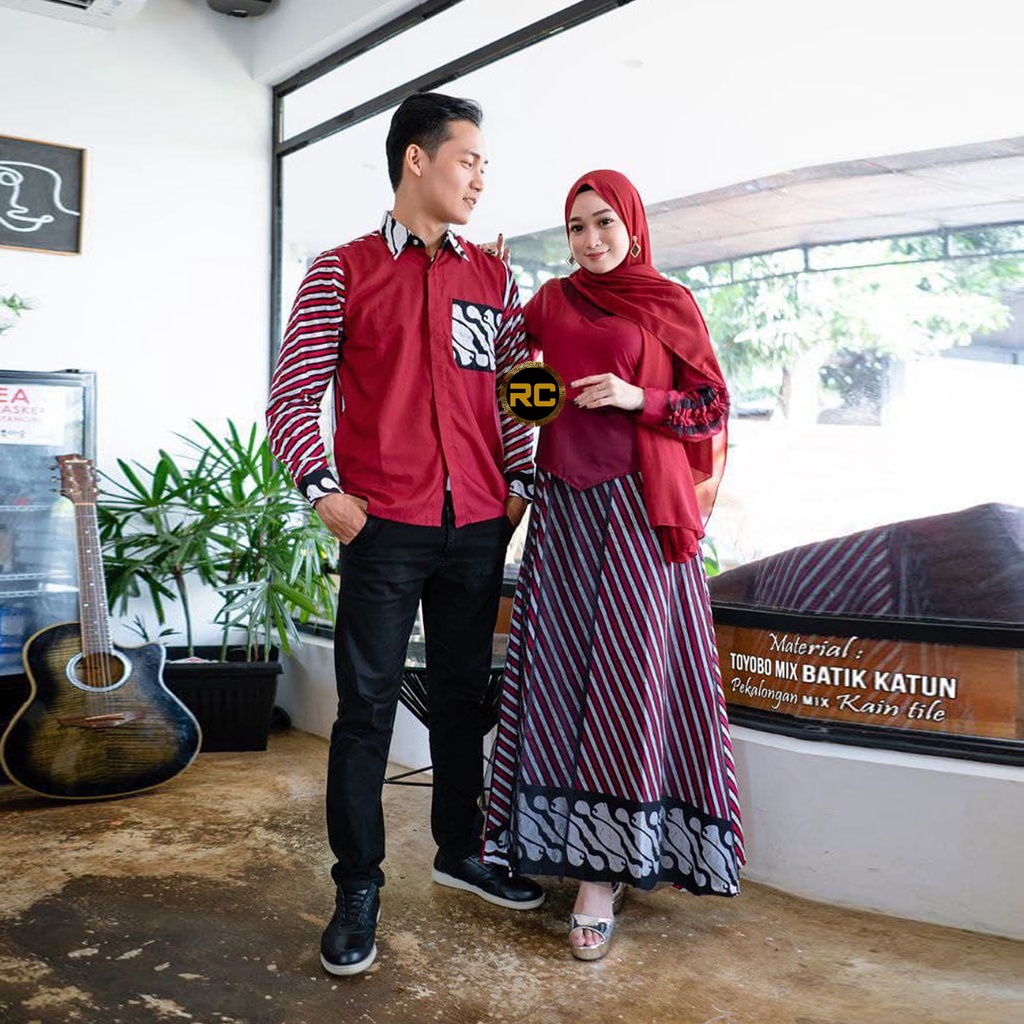 Gamis Kombinasi 5840 Couple Gamis Batik Kombinasi Toyobo Fodu Merah