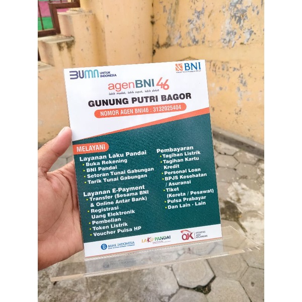 

TERBARU BAHAN AKRILIK PAPAN NAMA AGEN BNI UKURAN 15X20CM