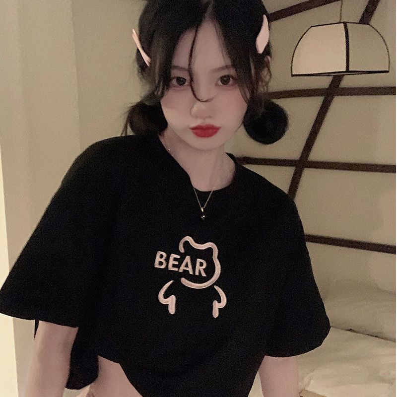 [littlecrab] Crop Top Lebar Bear Hitam Putih Merah Atasan Polos Sablon Berkualitas Beruang Simple Unik Elegan Aesthetic Kaos Beruang Korean Style