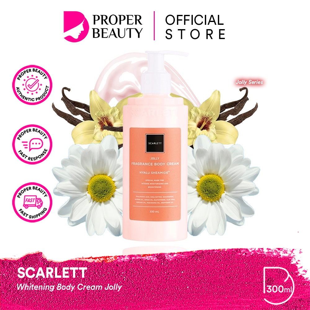 SCARLETT Whitening Fragrance Body Cream Jolly Indonesia / 300ml / Hyalu Sheamide / Special Made For Intense Moisturizing And Brightening / Body Care / Perawatan Kulit Tubuh / Moisturizer Pelembab Parfum / Serum Lotion / Skincare Series Package Paket Set