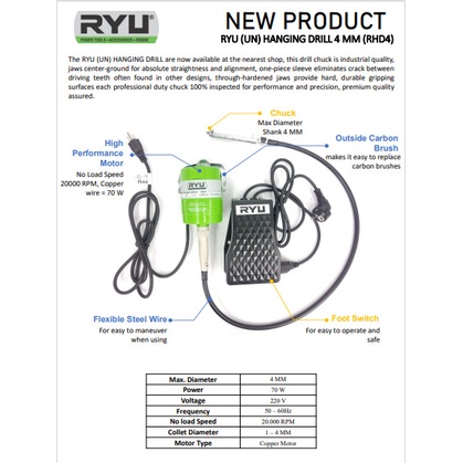 Ryu Hanging Drill 4mm/bor gantung RHD 4