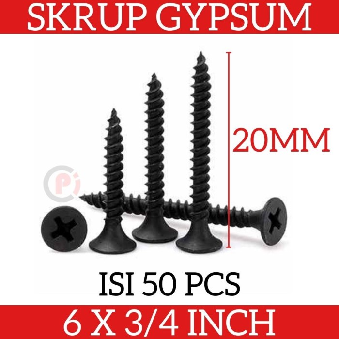 Isi 50 Pcs Skrup Gypsum Dry Wall Screw Ukuran 6 x 3/4 Inch (20mm)