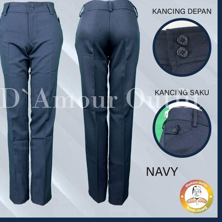 ➪➽✳✧ Celana Kantor Wanita Kerja Kancing Saku Ukuran S M L XL Bahan Gabardine Hitam Cream Abu Navy Mo