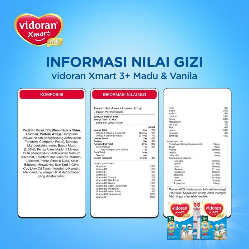 Vidoran Xmart 1+ / 3+ ImunUp Madu / Vanila 925gram / susu pertumbuhan usia 1 - 3 tahun / 3 - 5 tahun Murah