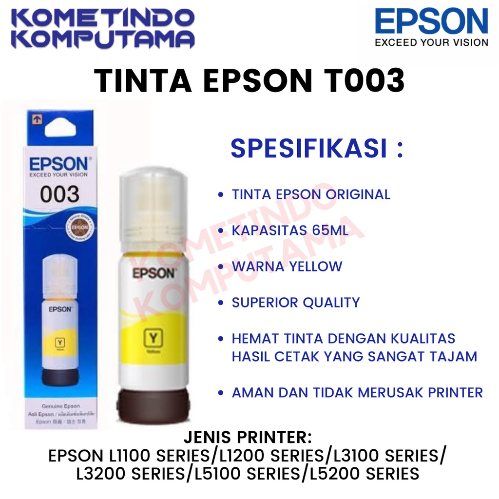 T 003 Yellow 65ml Tinta Epson Original 100% 003 KUNING Untuk Epson L1110, L1210, L3110, L3210, L3150, L5190