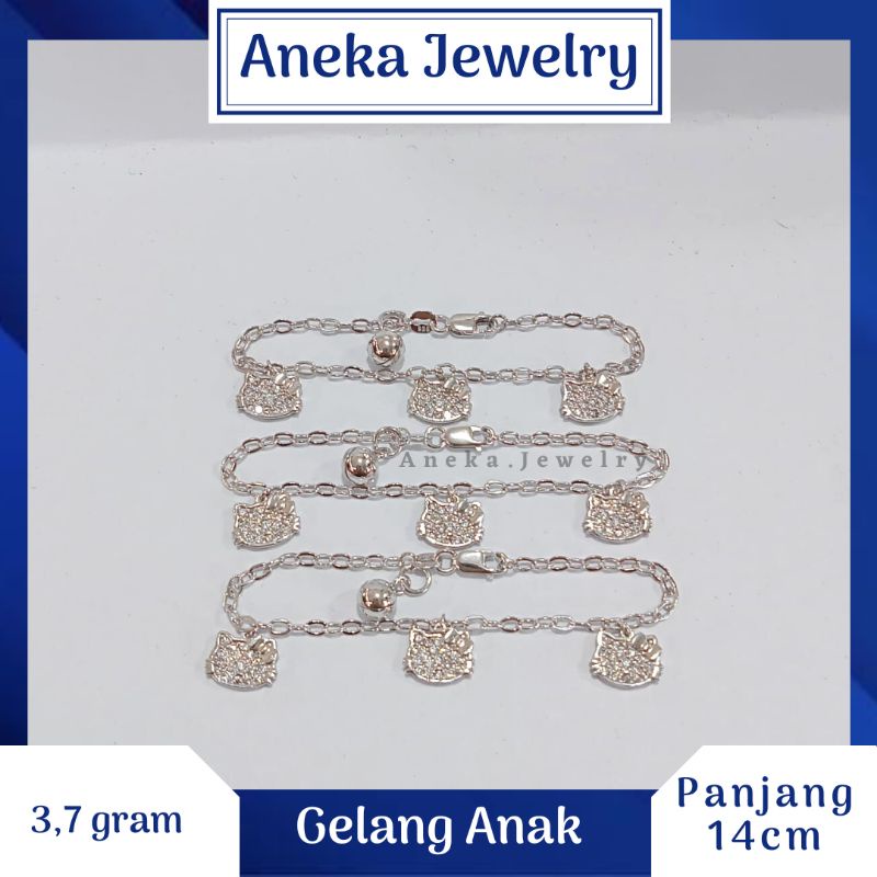 Gelang Anak Gantung Hello Kitty Mata2, Perak 925, Sepuh Emas Putih