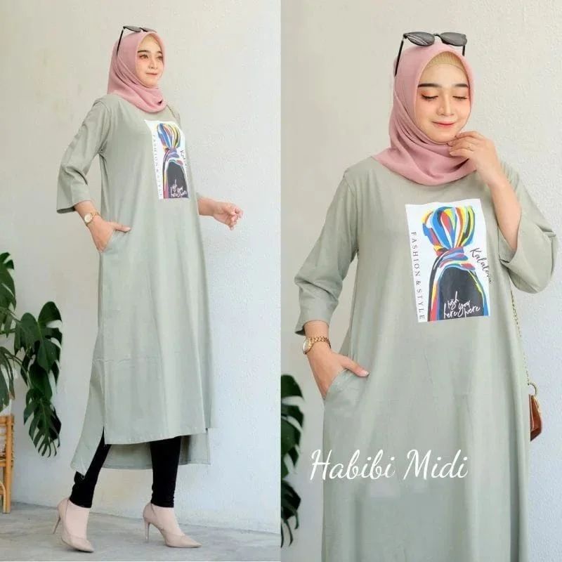 HABIBI MIDI DRESS BAHAN KAOS KATUN COMBED MOTIF POLOS  APLIKASI SABLON UKURAN M L XL DAN XXL BAJU MIDI DRESS WANITA TERBARU 2023 KEKINIAN / GAMIS MIDI DRESS KOREAN STYLE MUSLIM / LONG TUNIK WANITA JUMBO / KAOS WANITA LENGAN PANJANG