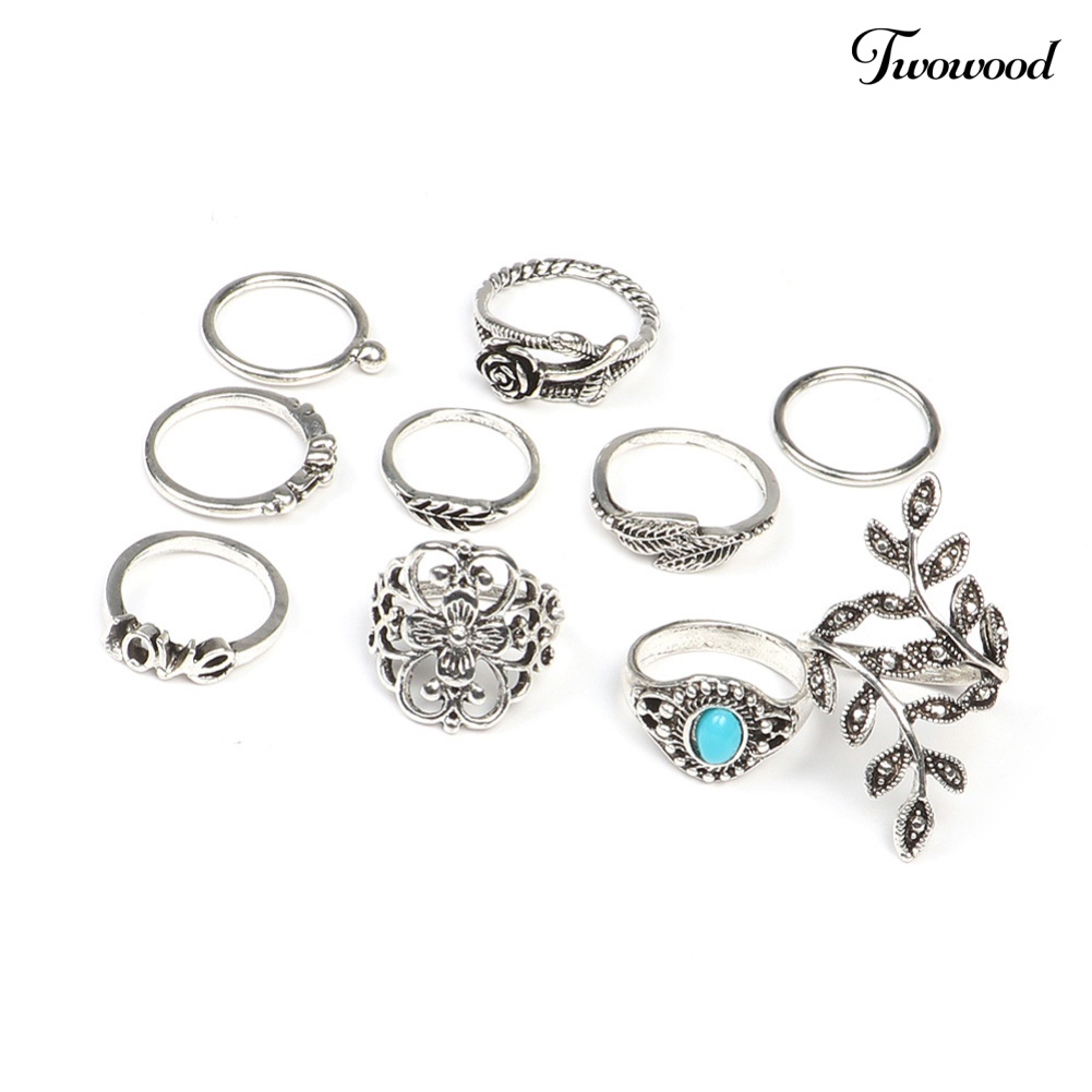 10 Pcs Cincin Jari Gaya Retro Motif Ukir Bunga Mawar Dengan Faux Turquoise Untuk Wanita