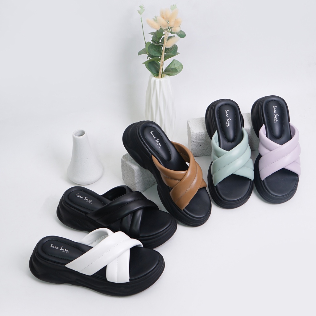 Sara Sara NAGITA Sandal platform wedges wanita casual sendal cewek ban dua silang tinggi kulit kekinian yuk