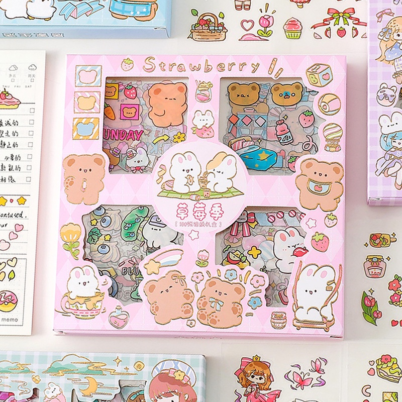 100 Lembar / Set Stiker Transparan Motif Kartun Multi Pola Tahan Air Untuk Scrapbooking