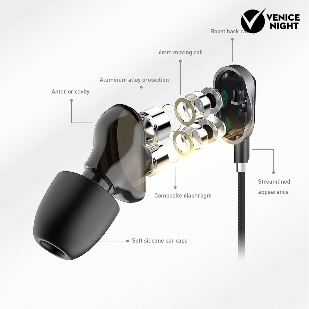 (VNEP) (Berkabel) 3.5mm In-ear Dual Moving Coil HiFi Bass Sport Earphone dengan Mikrofon