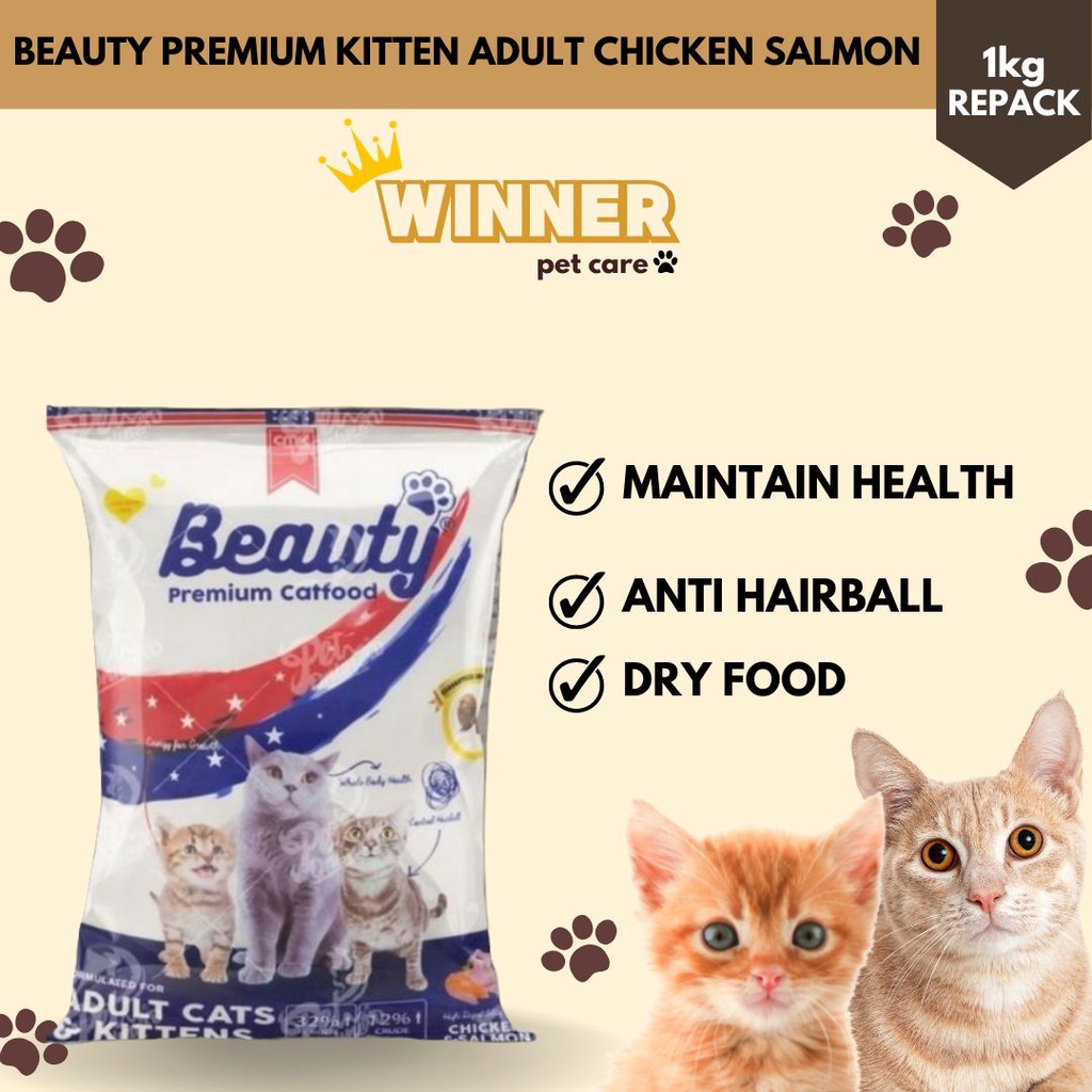 Beauty Premium Kitten Adult Cat Food Chicken Salmon Repack 1kg