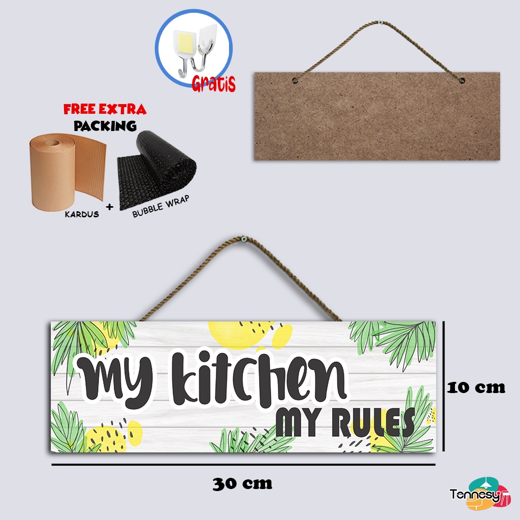 TENNESY HIASAN DINDING GANTUNGAN TALI MY KITCHEN MY RULES 30x10CM PAJANGAN KAYU DEKORASI DINDING DEKORASI DAPUR KAMAR TIDUR RUMAH