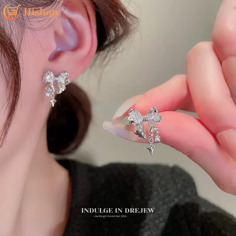 Anting Tusuk Gantung Desain Pita + Bintang Hias Kristal Gaya Simple Untuk Wanita