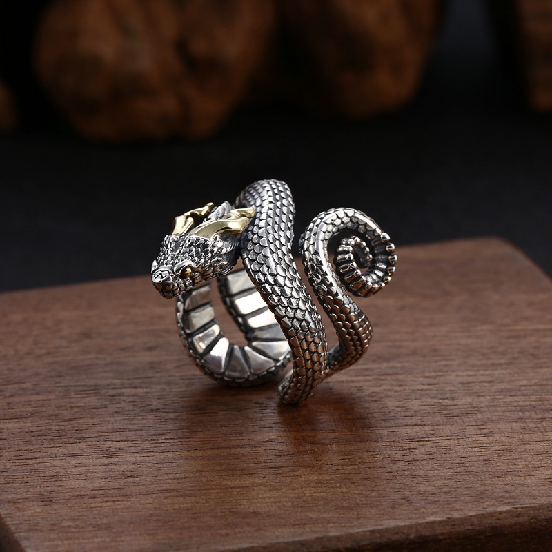 Cincin Lapis Silver Desain Ular Naga Dapat Disesuaikan Gaya Rock Untuk Pria