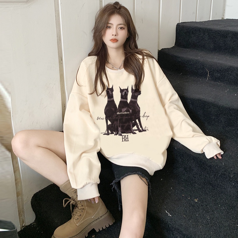 Sweter Oversize Wanita Animal Dogs Motif Printing Switer Putih Lengan Panjang Crewneck Basic Sweater Kekinian