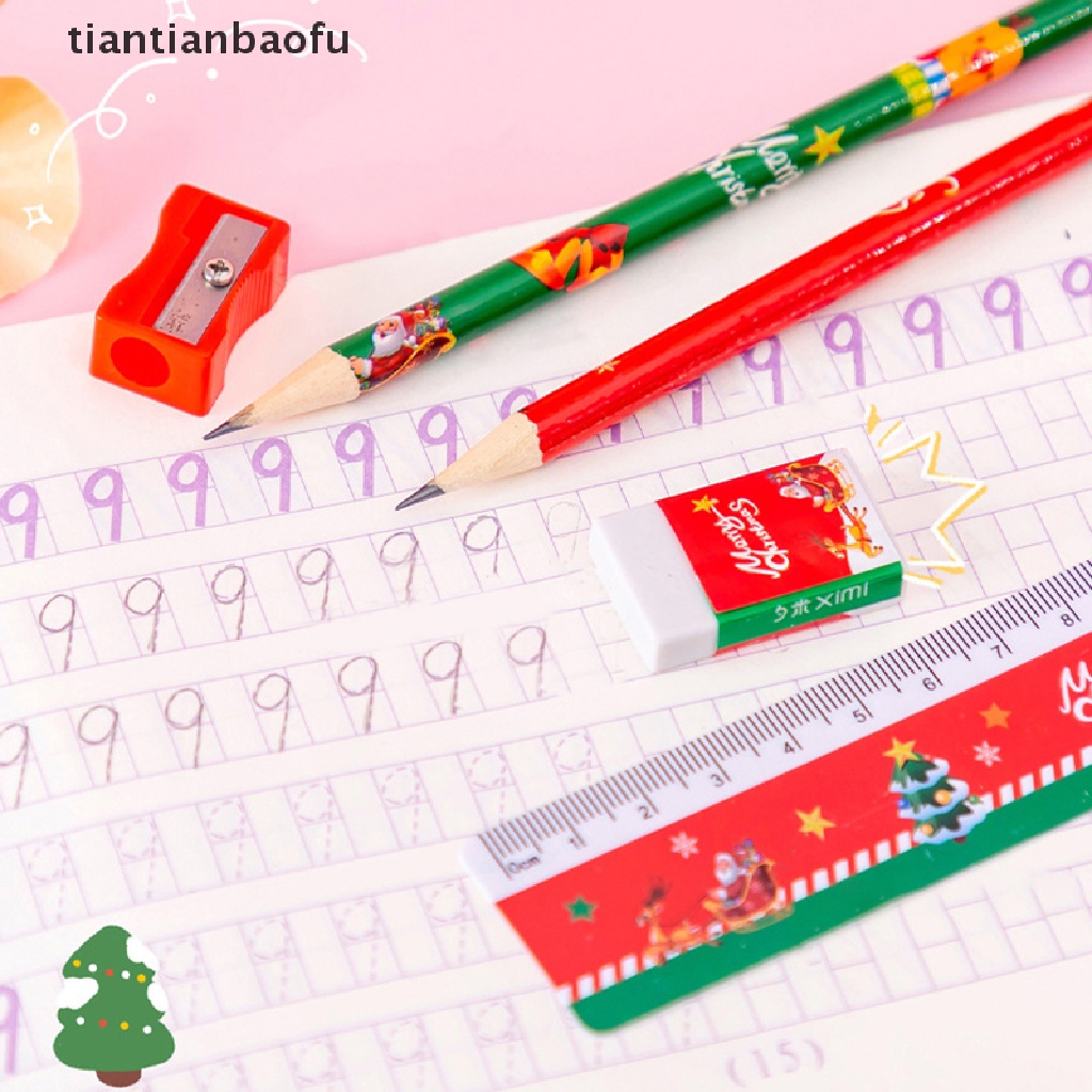 5 Pcs / Set Alat Tulis Pensil Penggaris Penghapus Rautan Portabel Tema Natal Dengan Kotak Untuk Hadiah