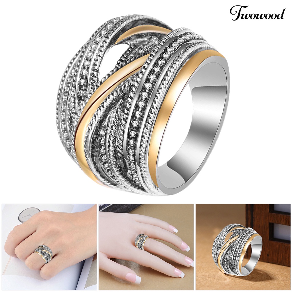 Twowood Cincin Antik Bentuk Geometri Lebar Bahan Alloy Untuk Wanita