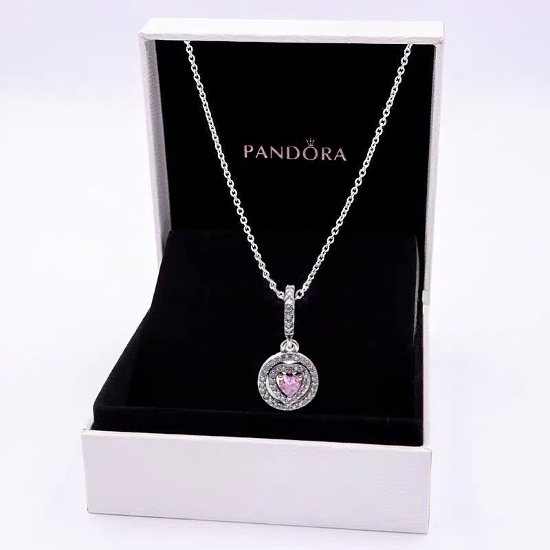 Pandora Kalung 925 Silver Shining Double Ring Dengan Liontin Hati Aksen Kubik Zirkonia Pink Untuk Wanita