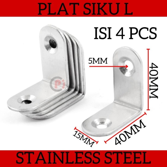 Isi 4 Pcs Plat Siku L Bahan Stainless Steel Ukuran 40 x 40 x 15 mm