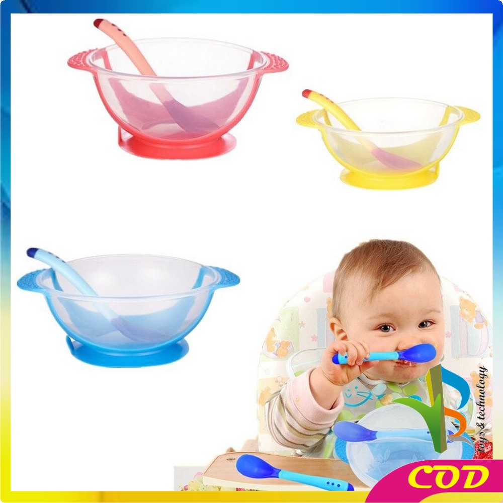 RB-C123 Mangkok + Sendok Makan Bayi Sensor Panas Mangkuk Tempat Makan Bayi Anti Tumpah Suction Bowl