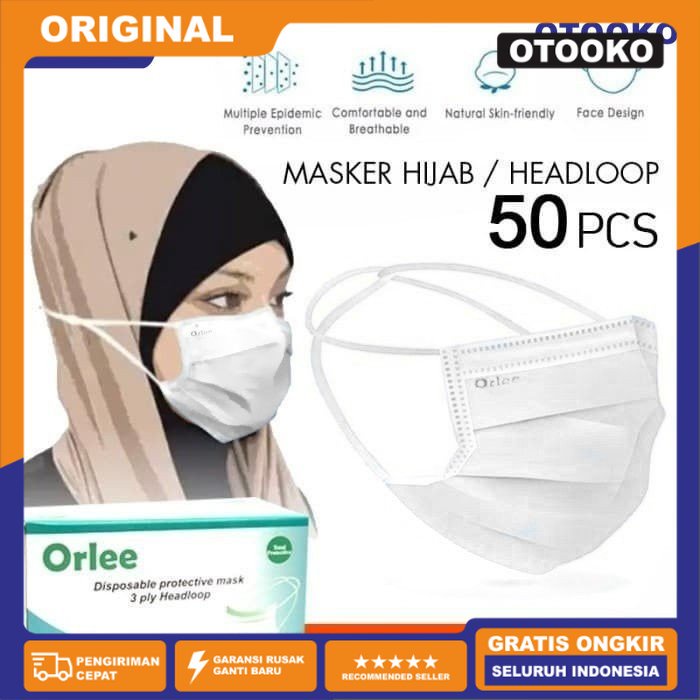 Masker Headloop Hijab 3 Ply 3Ply Headstrap ORLEE Putih White