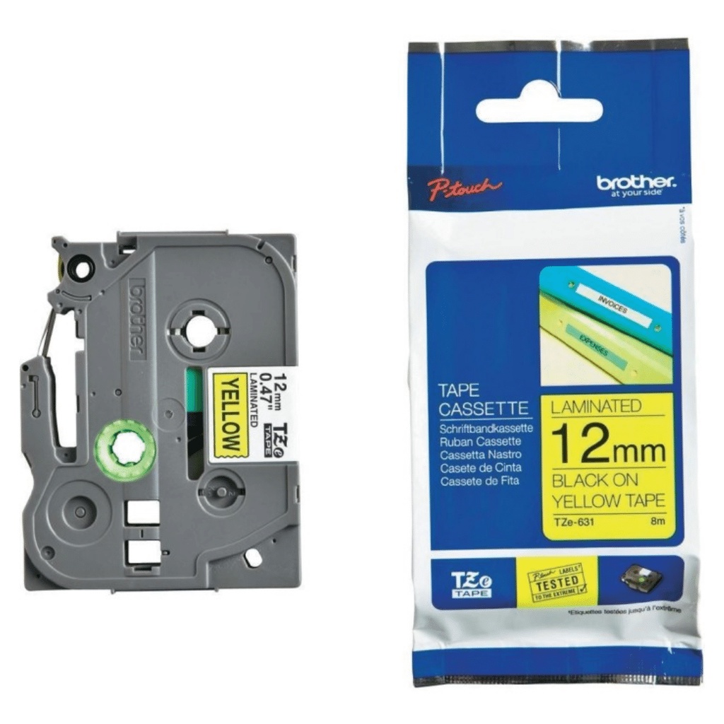 

BROTHER TZE-631 BLACK ON YELLOW, 12MM TZE 631 8MTR