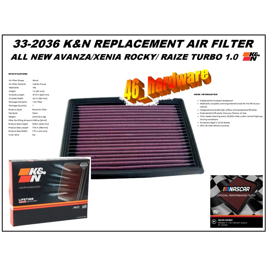 K&N 33-2036 K&N REPLACEMENT AIR FILTER UDARA ROCKY RAIZE XENIA AVANZA - 46_hardware