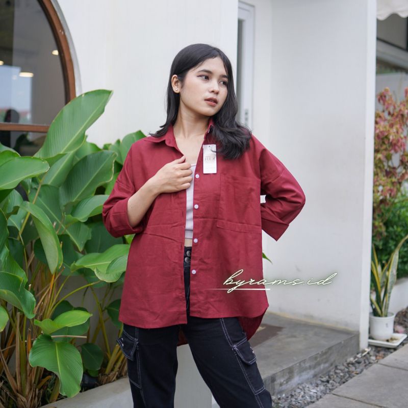 Kemeja Wanita Oversize Linen Olivia Shirt Linen Pocket Oversize-MAROON