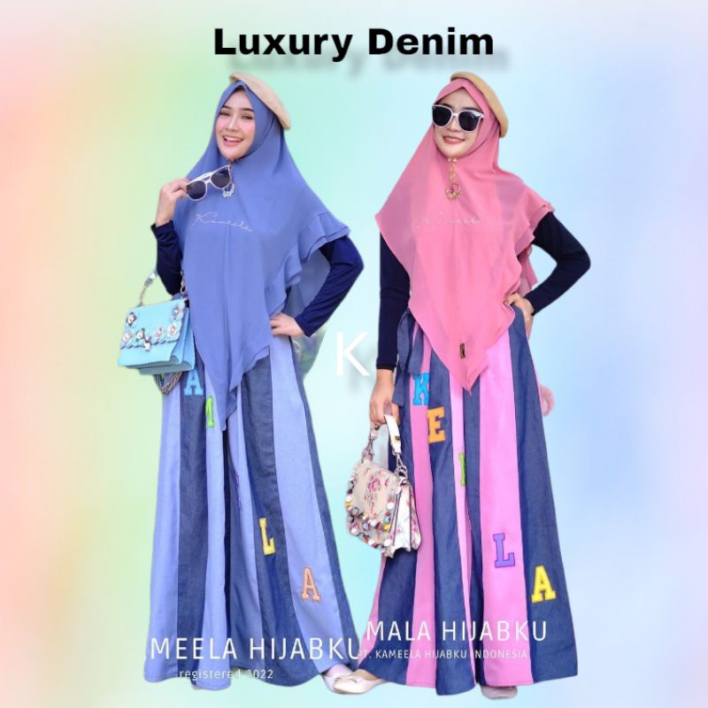 LUXURY SIGNATURE DENIM Original By Kameela Hijabku. Gamis denim casual motif salur unik trendi elega