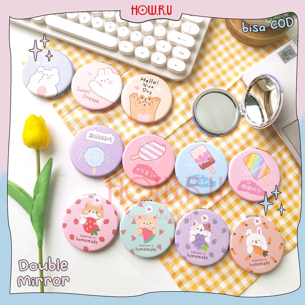 HOW.R.U | Cermin Saku Lipat 2 Sisi Shape Bundar / Korean Cute Pocket Mirror