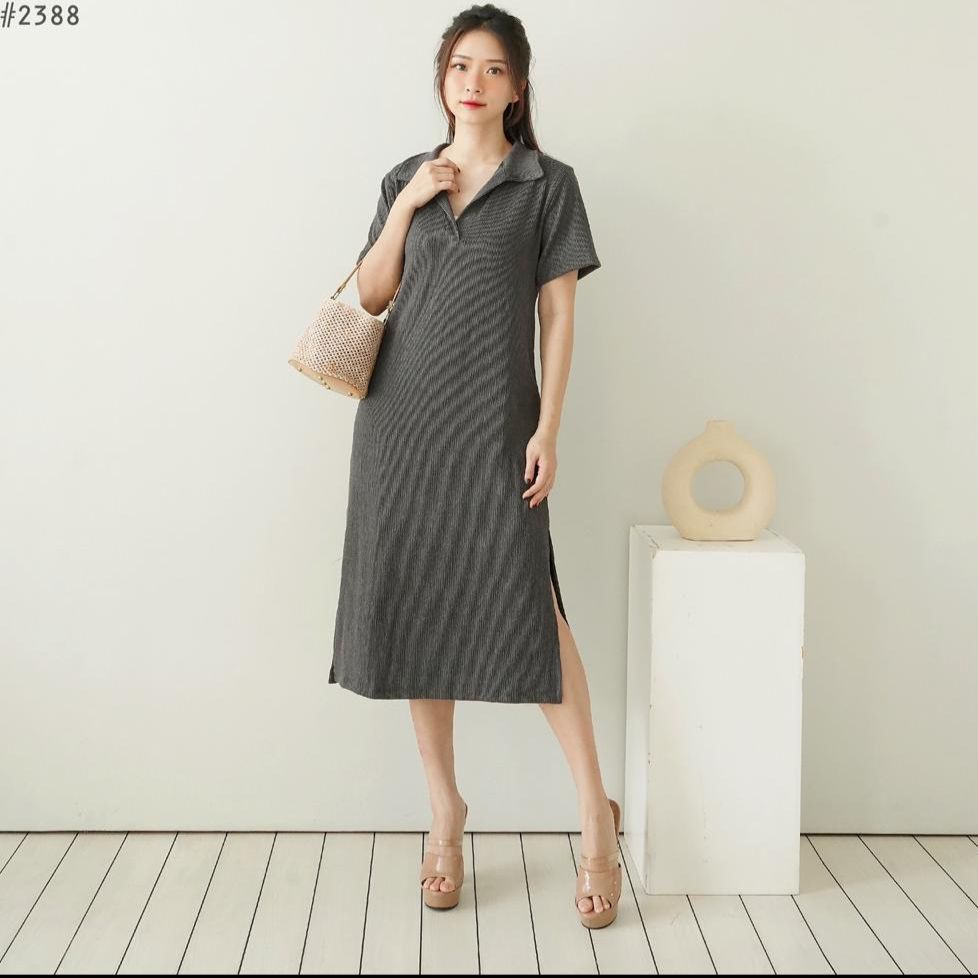 lookatmeofficial • Sienna Midi Knit Rib Dress - Basic Casual Dress Kerah V-2388