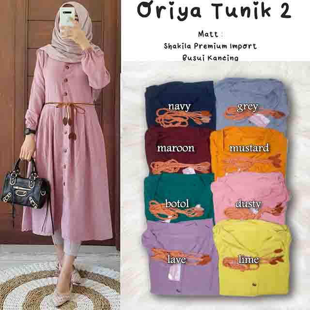 Premium Oriya Tunik New Free Belt Pita Tunik Wanita Polos Busui Full Kancing Matt Shakila Premium Or