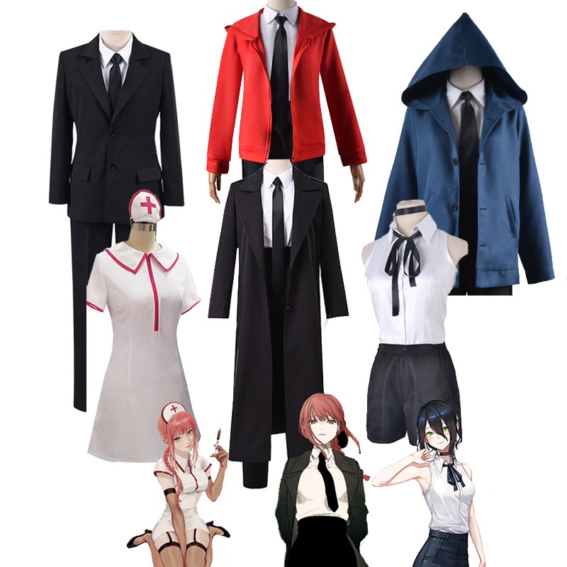 【Wetrose】Anime Chainsaw Man Makima Reze Power Denji Aki Kobeni Wanita Women Suit Daily Nurse Devil Hunter Costume Cosplay Kostume Set, Wig