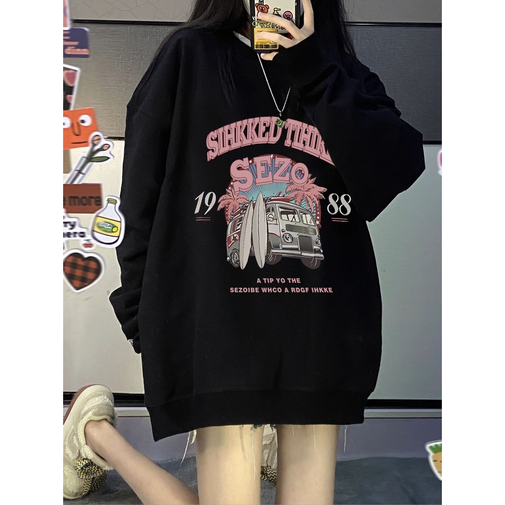 Sweater Wanita American Vintage Printed Top Oversize Casual Import Blouse Hitam Top