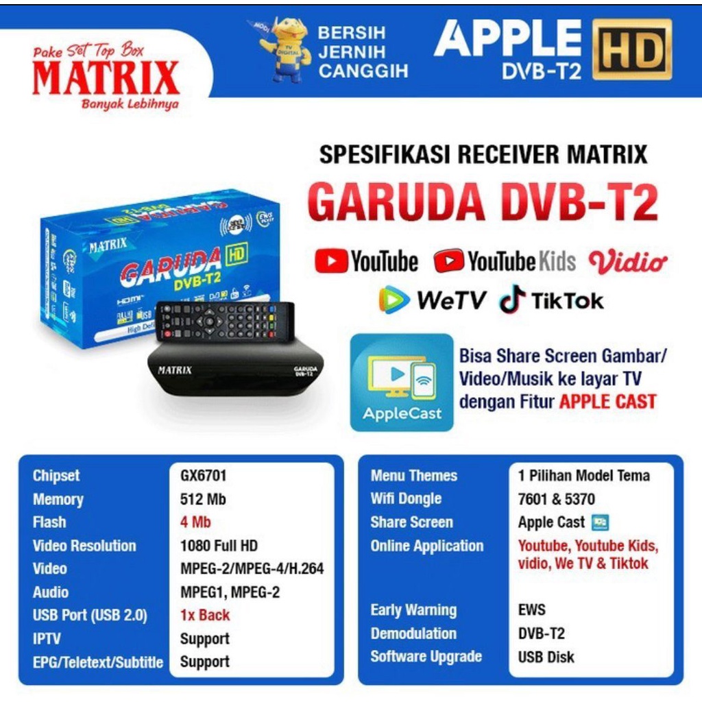 SET TOP BOX TV DIGITAL DVB T2 / WIFI USB HDMI / STB /  MATRIX GARUDA BIRU / APPLE MERAH / ADVANCE / 