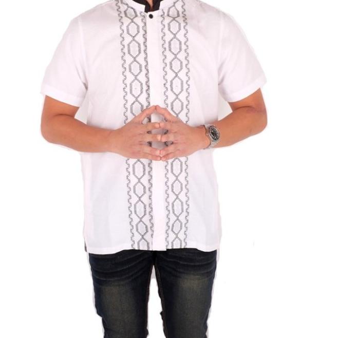 kemeja koko polos kerah sanghai lengan pendek pria muslim - Biru, M