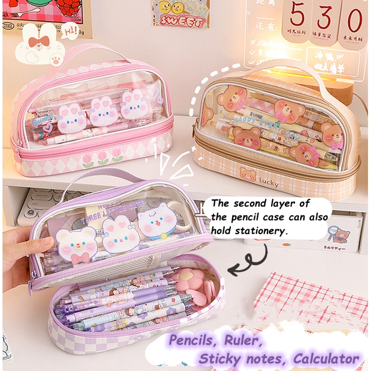 Kelinci Lucu Pensil Case Kapasitas Besar Double LayerHand-Card Zipper Storage Box Penyimpanan Alat Tulis Siswa