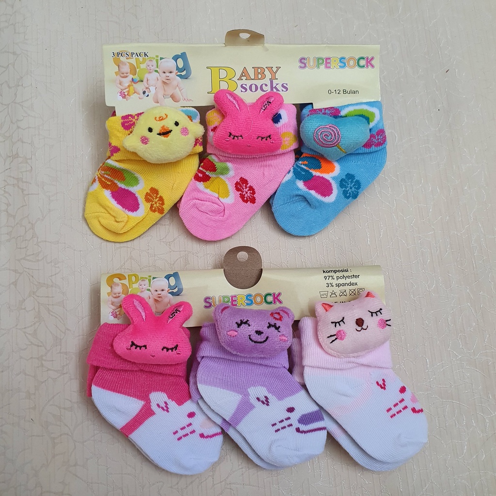 Kaos Kaki Bayi Lucu Murah Motif Boneka Samping Karakter 1 set isi 3 pcs