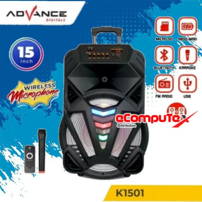 SPEAKER ADVANCE PORTABLE K-1501 K1501 BLUETOOTH 15 INCH KOPER + MIC GARANSI RESMI