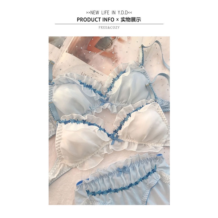 Bra cincin non-baja gadis Jepang baru set pakaian dalam sifon mesh set silky mesh bordir bra kecil