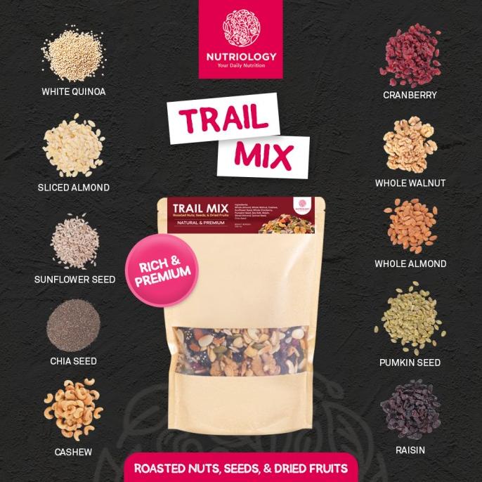 

Trail Mix Nutriology 500Gr - Roasted Nuts, Seeds, & Dried Fruits