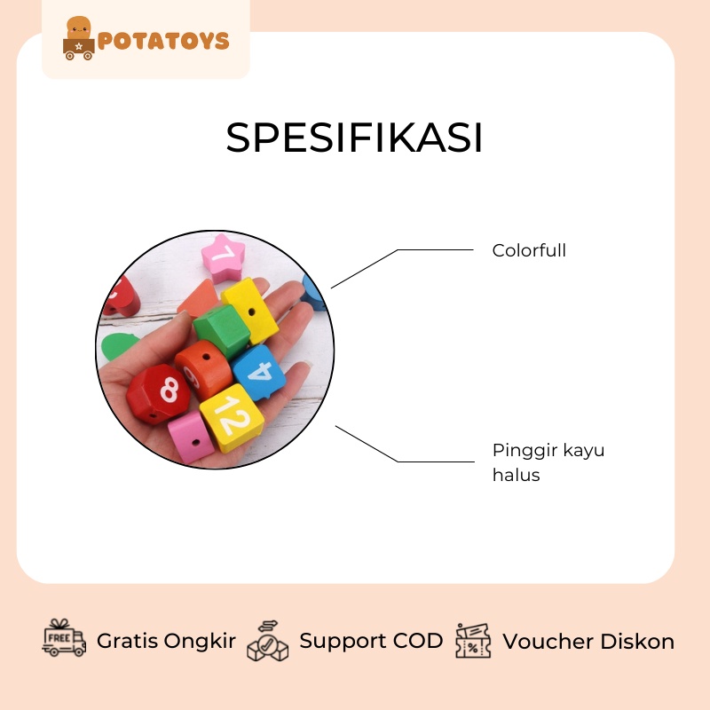 [ Potatoys  ] Mainan Edukasi Anak / Puzzle Jam Kayu / Wooden Clock Toys / Mainan Montessori Beads