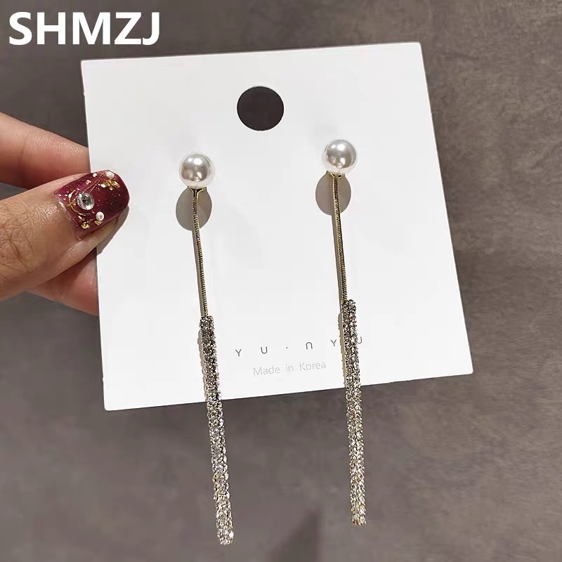Anting Panjang Bahan 925 Silver Needle Aksen Mutiara Berlian Gaya Korea Untuk Wanita