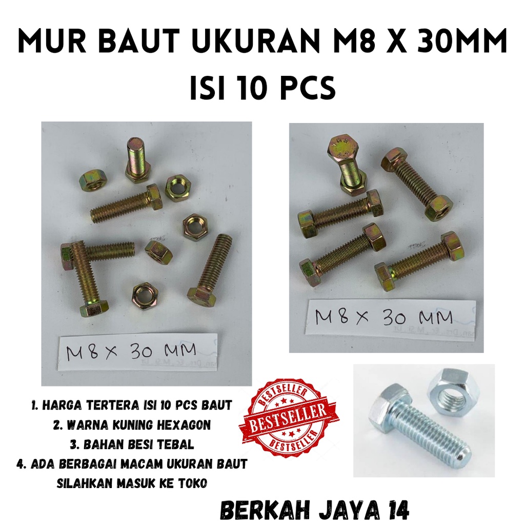 BAUT M8X30 MM ISI 10 PCS WARNA KUNING HEXAGON HEX BMK MUR BAHAN BESI TEBAL HARGA MURAH BERKUALITAS PROMO DISKON TERLARIS